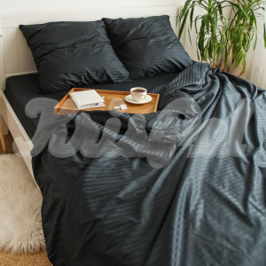 Двуспальное (Євро) постельное белье ™KrisPol, страйп-сатин на резинке 554007-3, (черный)