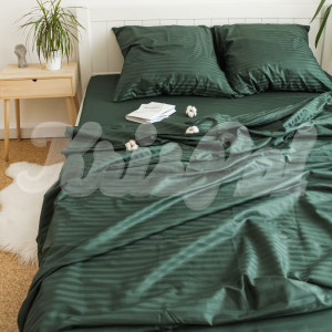 Двуспальное (Євро) постельное белье ™KrisPol, страйп-сатин на резинке 555917-3, (темно-зеленый)
